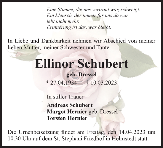 Traueranzeige von Ellinor Schubert von Helmstedter Nachrichten