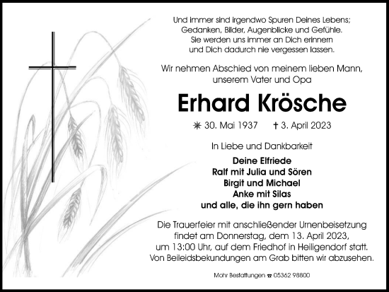 Traueranzeige von Erhard Krösche von Wolfsburger Nachrichten