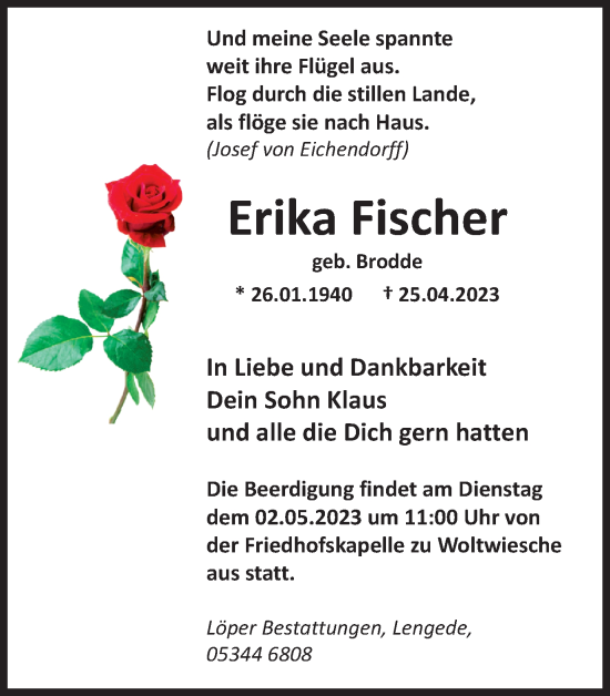 Traueranzeige von Erika Fischer von Peiner Nachrichten