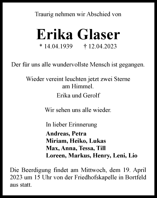 Traueranzeige von Erika Glaser von Peiner Nachrichten