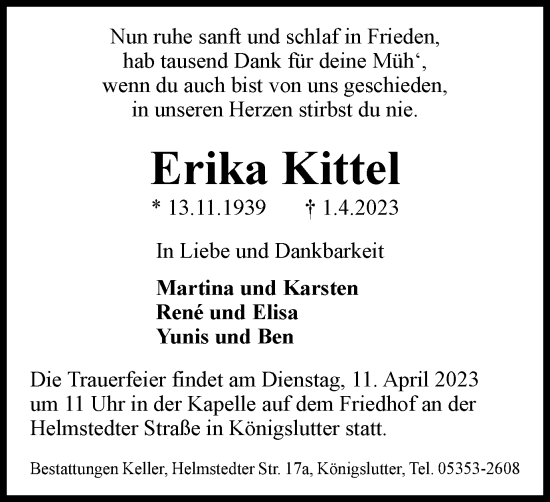 Traueranzeige von Erika Kittel von Helmstedter Nachrichten