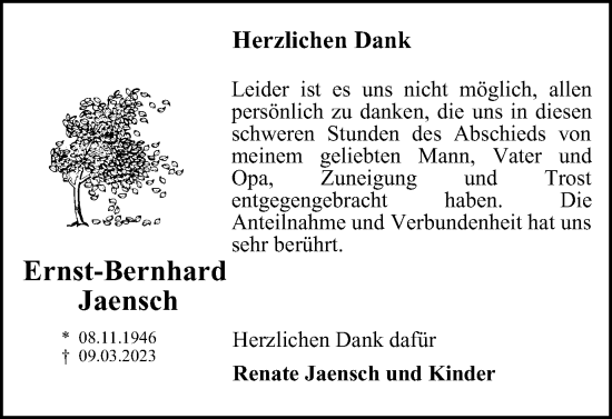 Traueranzeige von Ernst-Bernhard Jaensch von Wolfsburger Nachrichten