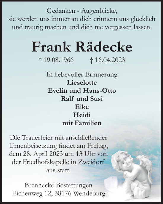 Traueranzeige von Frank Rädecke von Peiner Nachrichten