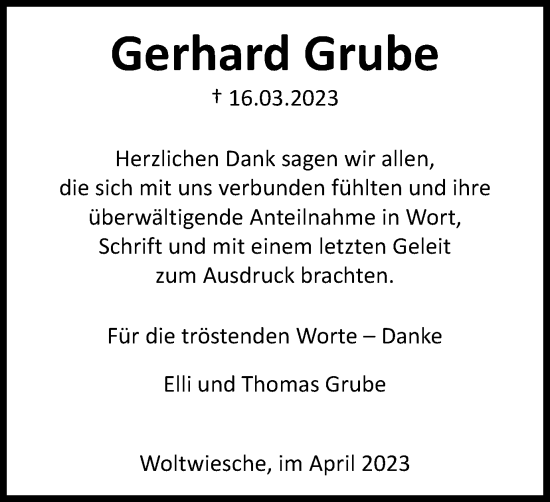 Traueranzeige von Gerhard Grube von Peiner Nachrichten