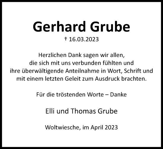 Traueranzeige von Gerhard Grube von Salzgitter-Zeitung