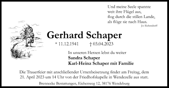 Traueranzeige von Gerhard Schaper von Braunschweiger Zeitung