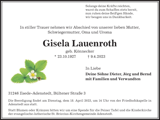 Traueranzeige von Gisela Lauenroth von Peiner Nachrichten