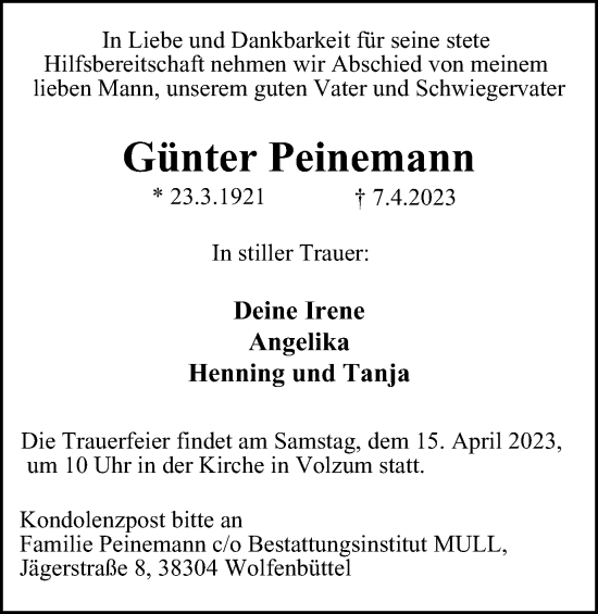 Traueranzeige von Günter Peinemann von Braunschweiger Zeitung