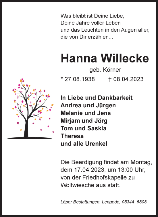 Traueranzeige von Hanna Willecke von Peiner Nachrichten