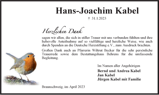 Traueranzeige von Hans-Joachim Kabel von Braunschweiger Zeitung