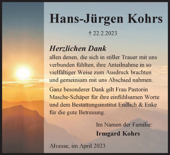 Traueranzeige von Hans-Jürgen Kohrs von Peiner Nachrichten