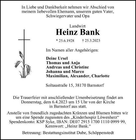 Traueranzeige von Heinz Bank von Braunschweiger Zeitung