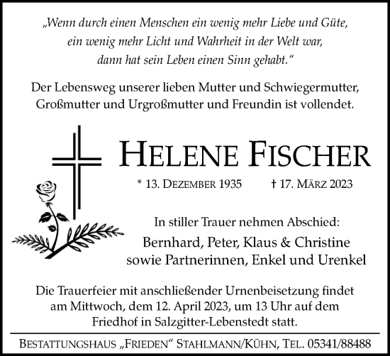 Traueranzeige von Helene Fischer von Salzgitter-Zeitung