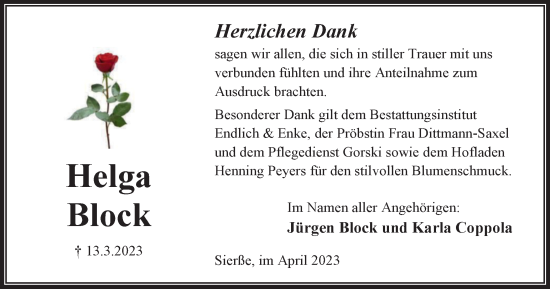 Traueranzeige von Helga Block von Peiner Nachrichten