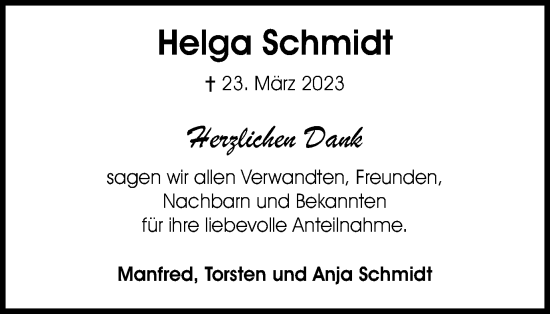 Traueranzeige von Helga Schmidt von Wolfsburger Nachrichten