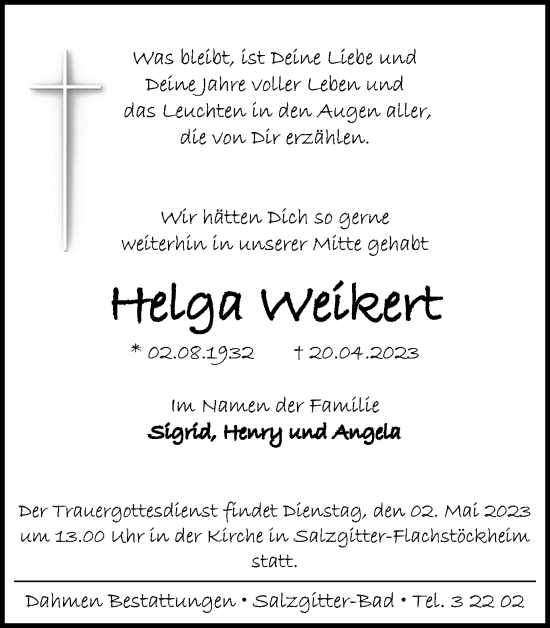 Traueranzeige von Helga Weikert von Salzgitter-Zeitung