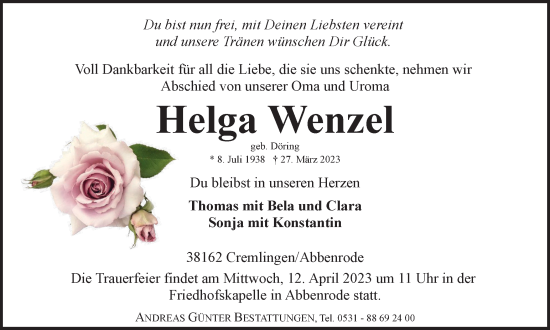 Traueranzeige von Helga Wenzel von Braunschweiger Zeitung