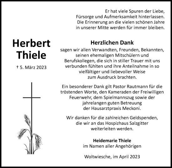 Traueranzeige von Herbert Thiele von Peiner Nachrichten