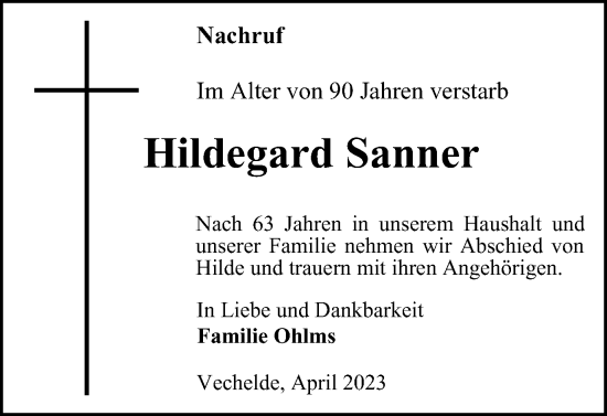 Traueranzeige von Hildegard Sanner von Peiner Nachrichten