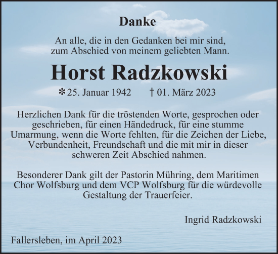 Traueranzeige von Horst Radzkowski von Wolfsburger Nachrichten