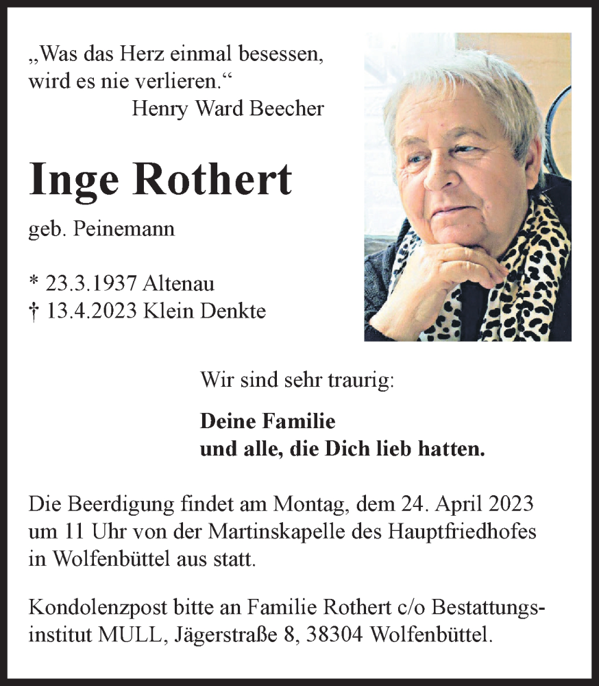  Traueranzeige für Inge Rothert vom 22.04.2023 aus Wolfenbütteler Zeitung