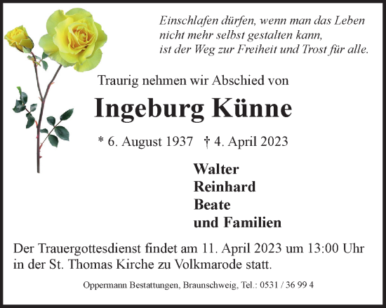 Traueranzeige von Ingeburg Künne von Braunschweiger Zeitung