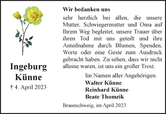 Traueranzeige von Ingeburg Künne von Braunschweiger Zeitung