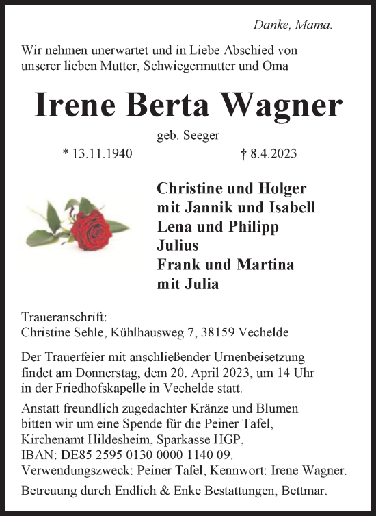 Traueranzeige von Irene Berta Wagner von Peiner Nachrichten