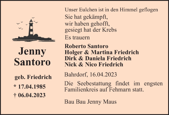 Traueranzeige von Jenny Santoro von Helmstedter Nachrichten