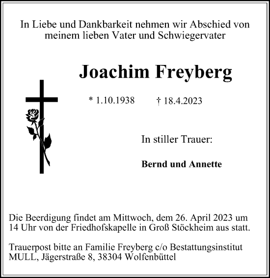 Traueranzeige von Joachim Freyberg von Wolfenbütteler Zeitung