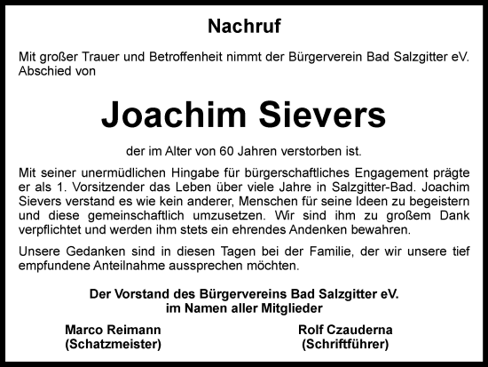 Traueranzeige von Joachim Sievers von Salzgitter-Zeitung