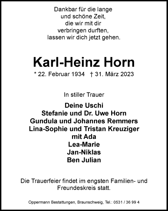 Traueranzeige von Karl-Heinz Horn von Helmstedter Nachrichten