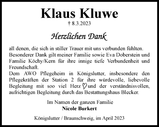 Traueranzeige von Klaus Kluwe von Braunschweiger Zeitung, Helmstedter Nachrichten