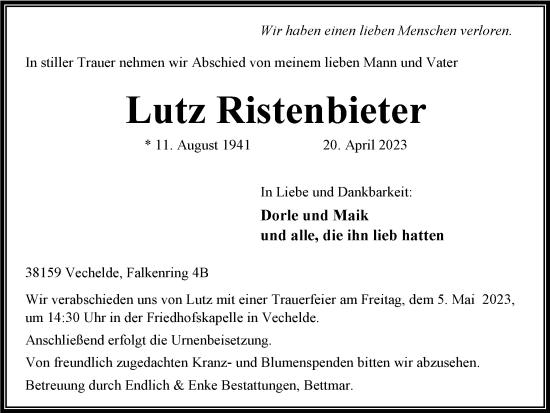 Traueranzeige von Lutz Ristenbieter von Peiner Nachrichten