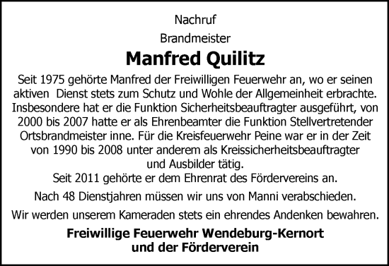 Traueranzeige von Manfred Quilitz von Peiner Nachrichten