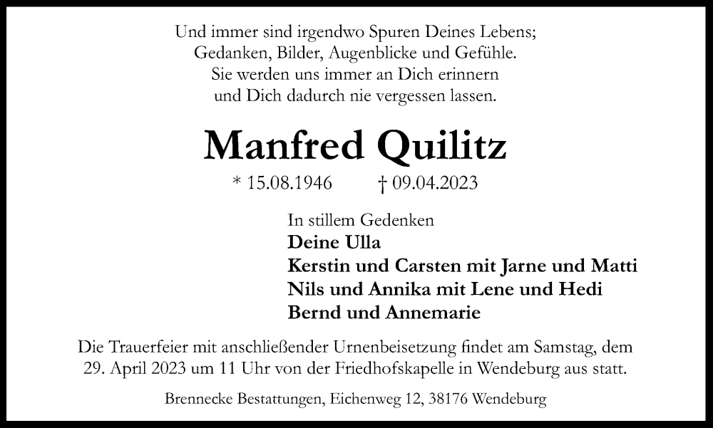  Traueranzeige für Manfred Quilitz vom 22.04.2023 aus Peiner Nachrichten