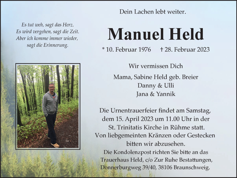  Traueranzeige für Manuel Held vom 08.04.2023 aus Braunschweiger Zeitung