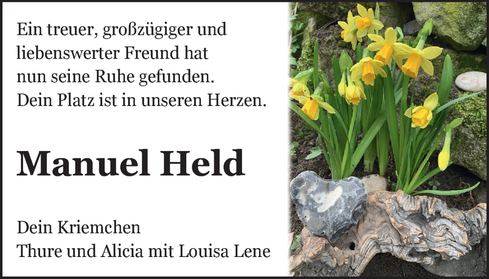  Traueranzeige für Manuel Held vom 08.04.2023 aus Braunschweiger Zeitung