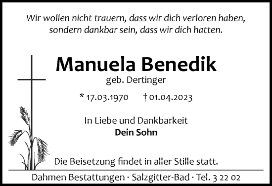 Traueranzeige von Manuela Benedik von Salzgitter-Zeitung