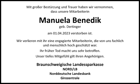 Traueranzeige von Manuela Benedik von Braunschweiger Zeitung