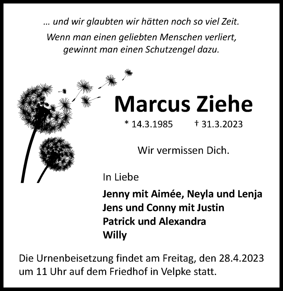  Traueranzeige für Marcus Ziehe vom 22.04.2023 aus Wolfsburger Nachrichten