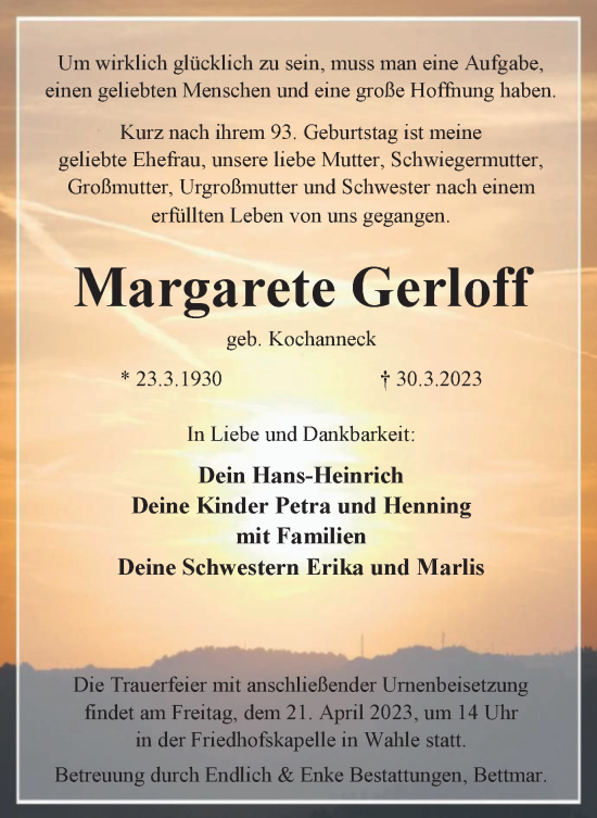 Traueranzeige von Margarete Gerloff von Peiner Nachrichten