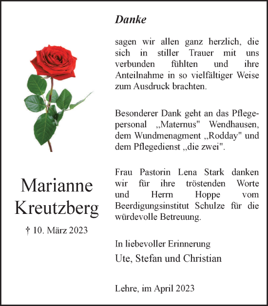 Traueranzeige von Marianne Kreutzberg von Helmstedter Nachrichten