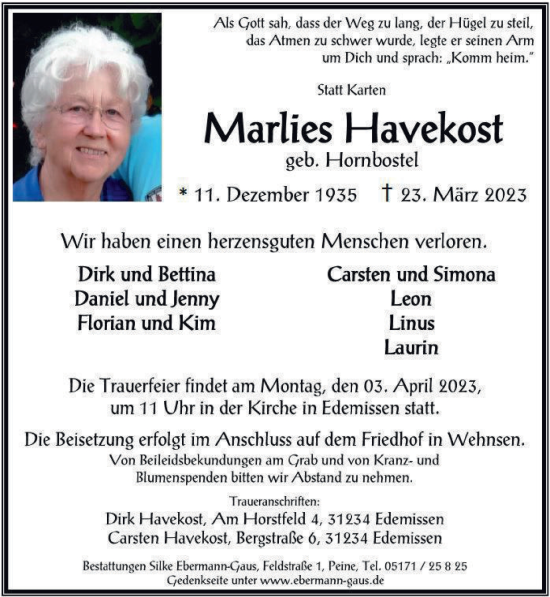 Traueranzeige von Marlies Havekost von Peiner Nachrichten