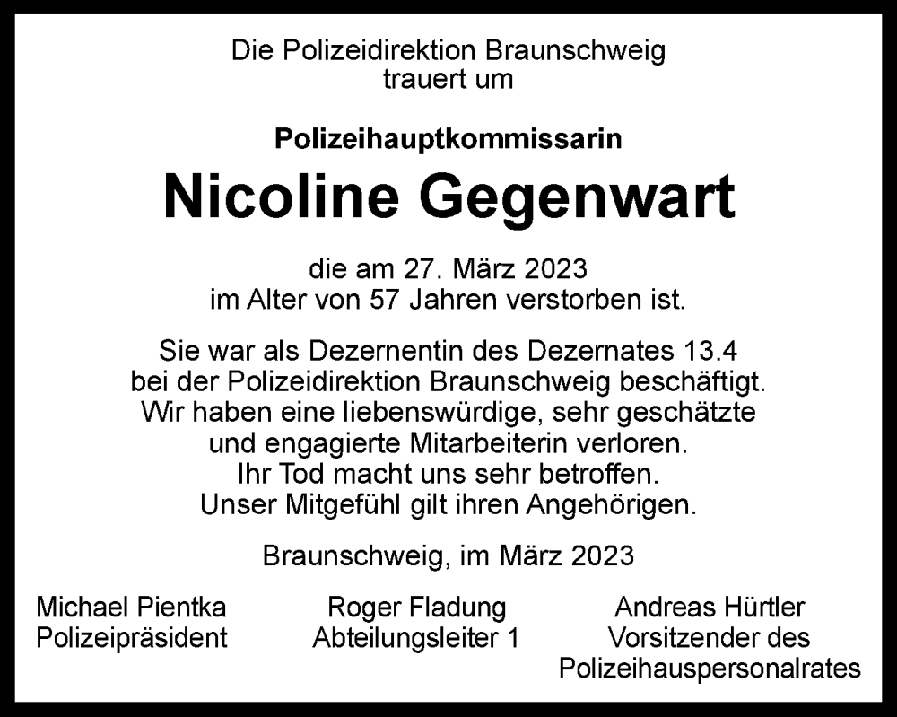  Traueranzeige für Nicoline Gegenwart vom 01.04.2023 aus Braunschweiger Zeitung