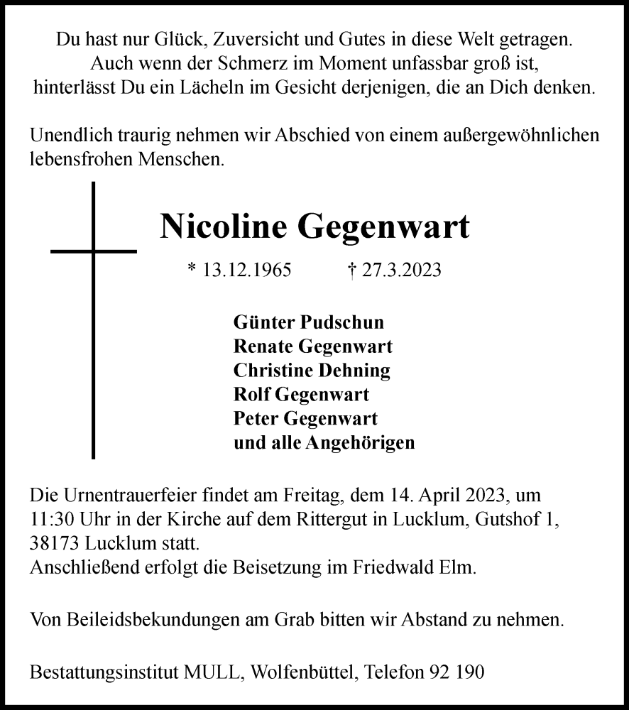  Traueranzeige für Nicoline Gegenwart vom 08.04.2023 aus Braunschweiger Zeitung