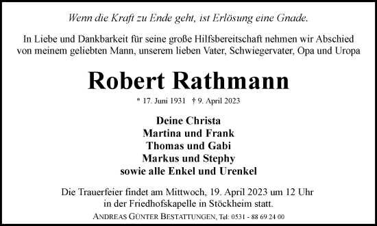 Traueranzeige von Robert Rathmann von Braunschweiger Zeitung