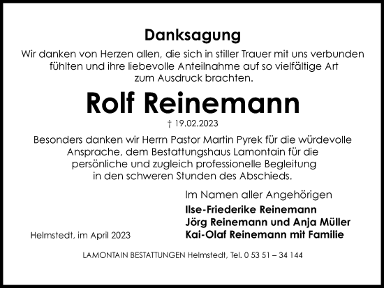 Traueranzeige von Rolf Reinemann von Helmstedter Nachrichten