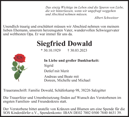 Traueranzeige von Siegfried Dowald von Salzgitter-Zeitung