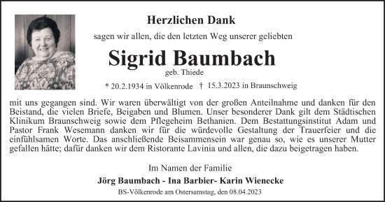 Traueranzeige von Sigrid Baumbach von Braunschweiger Zeitung